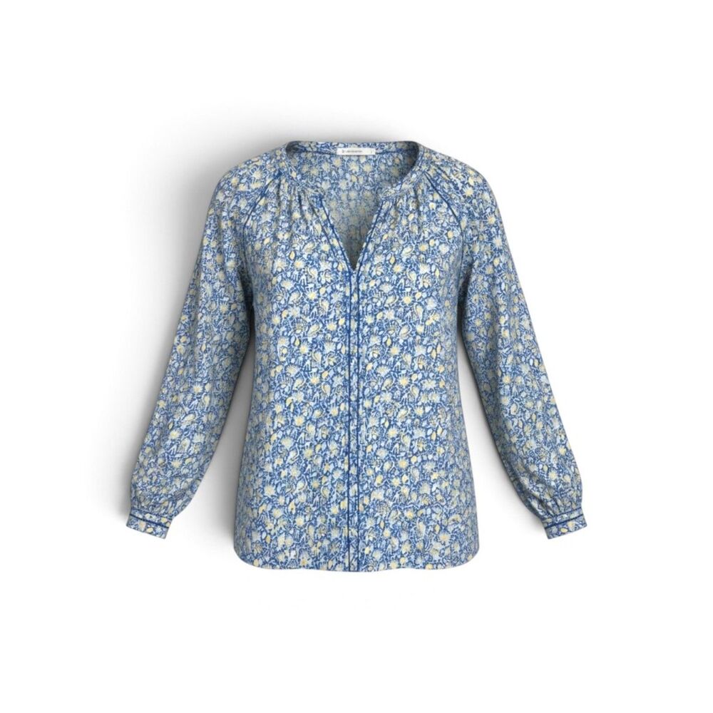 GAP Blue Floral Cotton Peasant Blouse Long Sleeve Split Neck M